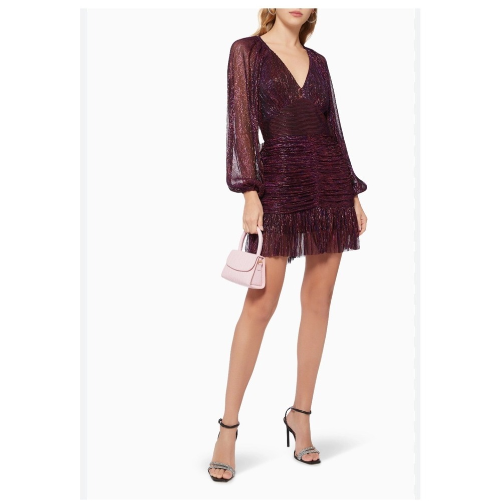Revolve Minkpink Purple Metallic Plisse Ruched Mini Dress Long Balloon Sleeve M